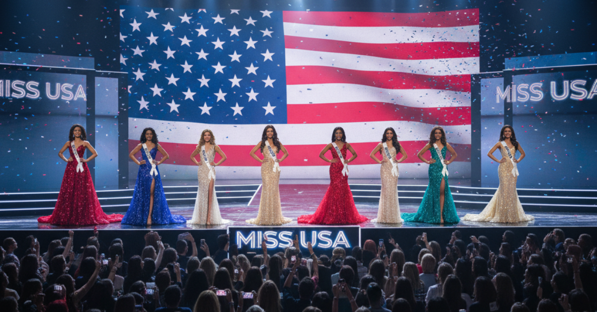 Miss USA Pageant stage with contestants and USA-themed lighting.