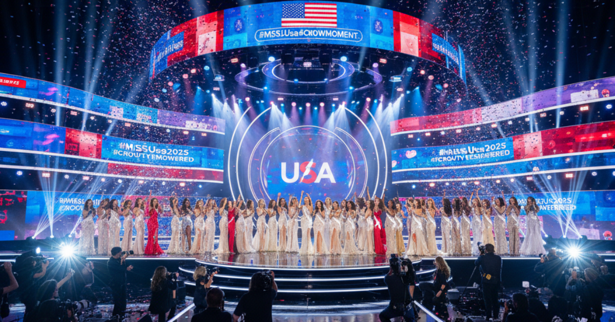 Modern Miss USA 2025 pageant with digital stage and diverse contestants.