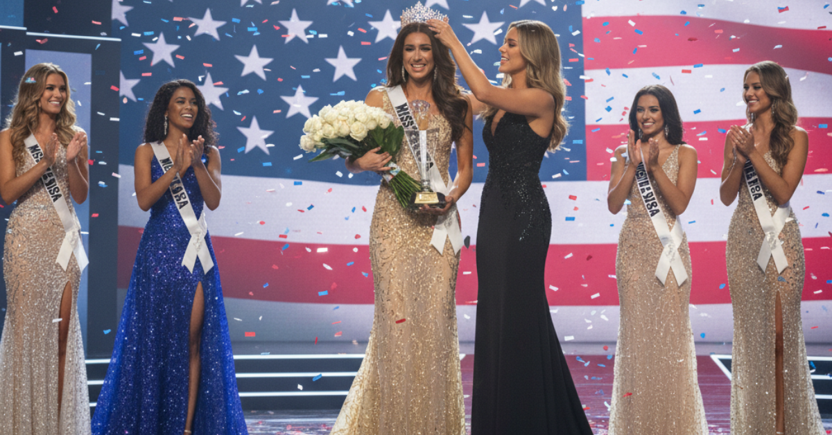 Miss USA 2025 winner crowned with runners-up on stage.